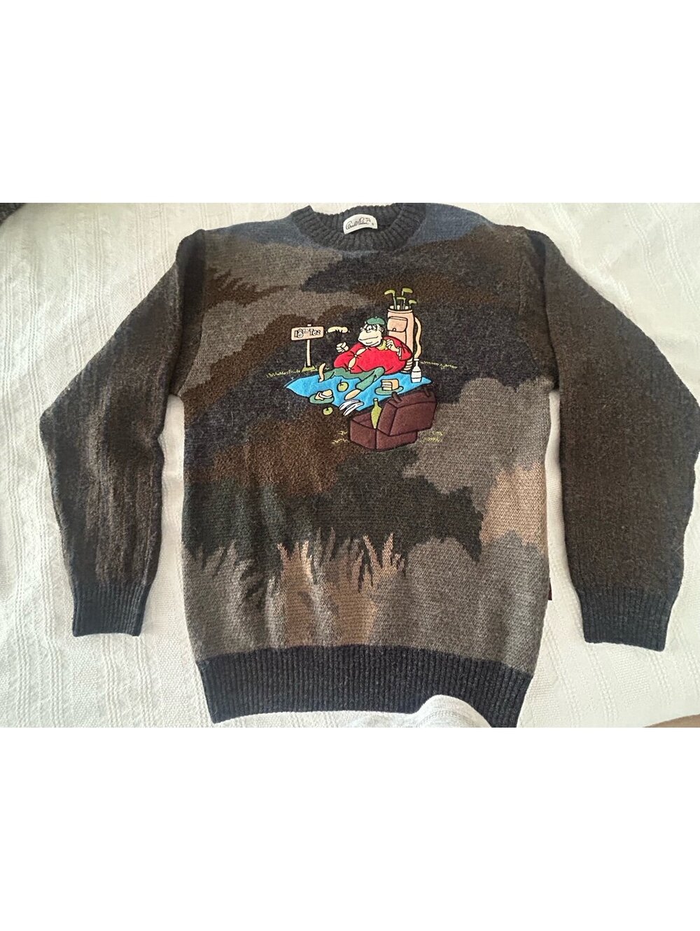 Vintage Arnold Palmer Golf Novelty Knit Sweater Size S — Bear Picnic Scene Graph